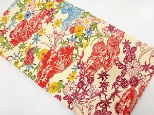 未使用品　型絵染　雲取りに草花模様　名古屋帯